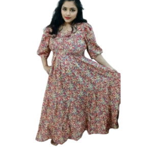 Elegant Floral Maxi Gown for Women | Puff Sleeves | Soft Printed Long Dress